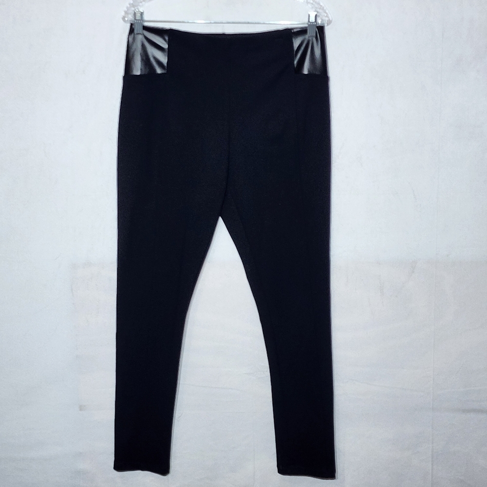 Joan Vass Elastic Waist Skinny Pants with Faux Leather Trim, Size Large